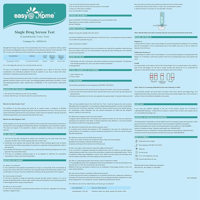 Easy@Home Single Drug Screen Test (Cannabinoids Urine Test) - THC Urine Drug Test Kit, THC Detox Testing Kits Cutoff Level 50ng/mL Individually Wrapped #EDTH-114 (200 Pack)