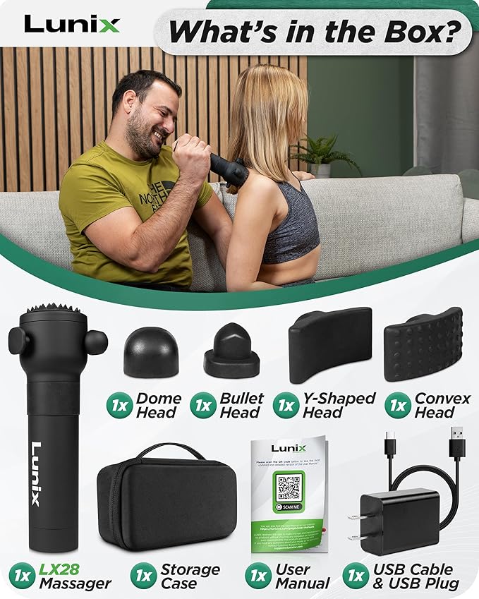 Lunix LX28 Premium Deep Tissue Massage Gun for Neck, Back & Legs, USB-C Rechargeable Portable Vibration Massager with 7 Interchangeable Heads, Acupressure Head, 4 Intensity Levels, Carrying Case