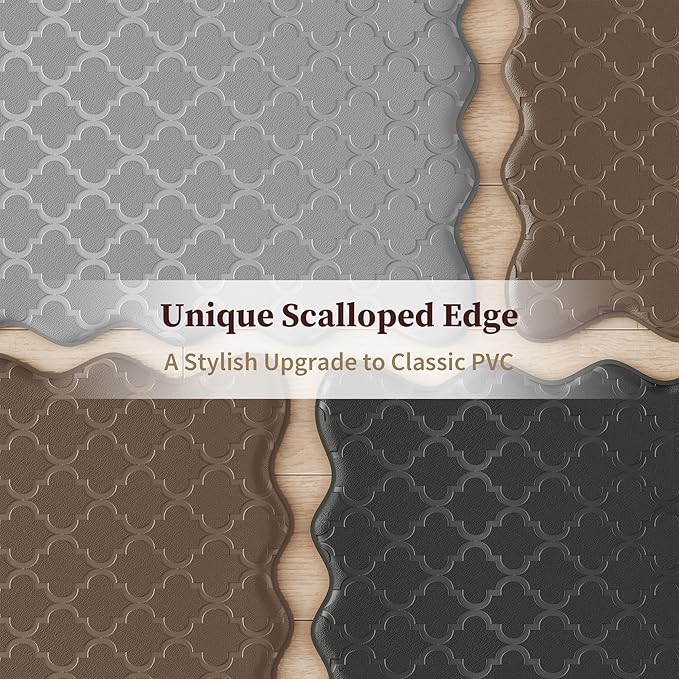 Upgrade Scalloped Embossed Kitchen Mats for Floor 2PCS Cushioned Anti Fatigue Waterproof Foam Kitchen Rugs Non Slip Washable Comfort Standing Mat for Office Sink Laundry, Brown