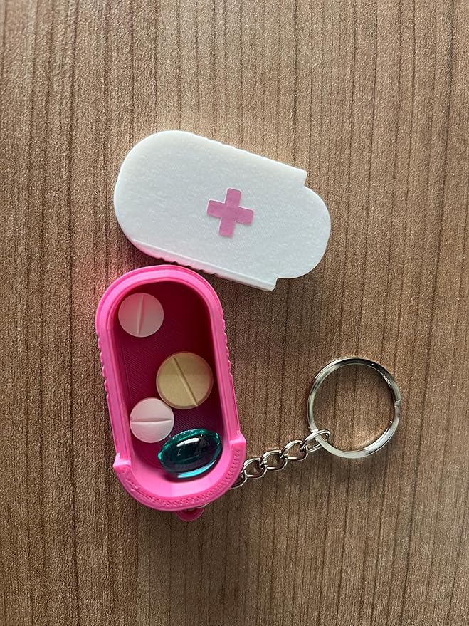 Keychain Pill Box Daily Medicine Carrying Tiny Keychain Vitamin Box (Pink)