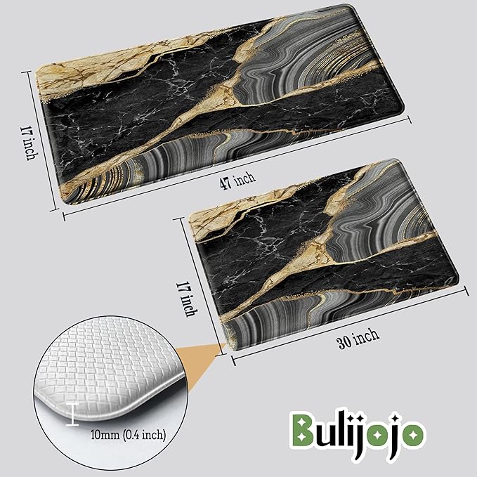 Bulijojo Black Ink Abstract Marble Anti Fatigue Kitchen Floor Mats Set of 2 Waterproof Kitchen Sink Runner Rug Standing Mat Cushioned Kitchen Rugs Comfort Doormat 17"x47"+17" x30“