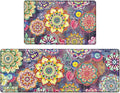 Boho Red Floral Kitchen Rugs Mats for Floor 2 Piece Memory Foam Padded Kitchen Mats Anti Fatigue Non Slip Cushioned Comfort Standing Mat, 17.3x28+17.3x47 Inch