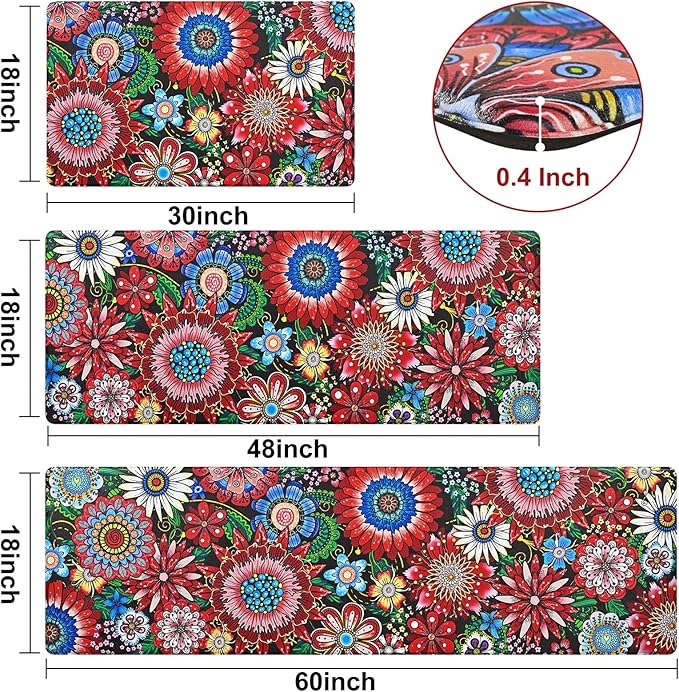 Likiyol Boho Kitchen Rugs Floral Kitchen Mats for Floor Bohemian Cushioned Anti Fatigue Mats for Kitchen Floor Non Slip Washable Kitchen Mat for Home, Sink, 18''x30''+18''x48''+18''x60'', Red