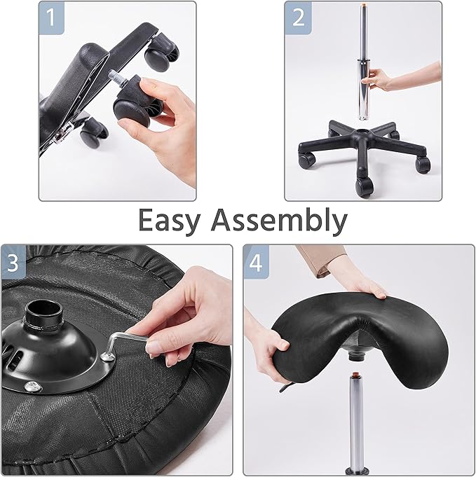 Yaheetech Saddle Stool Rolling Saddle Chair with Wheels Swivel Adjustable Stools for Hair Stylist/Lash Tech PU Leather Tattoo Massage Chair, Black