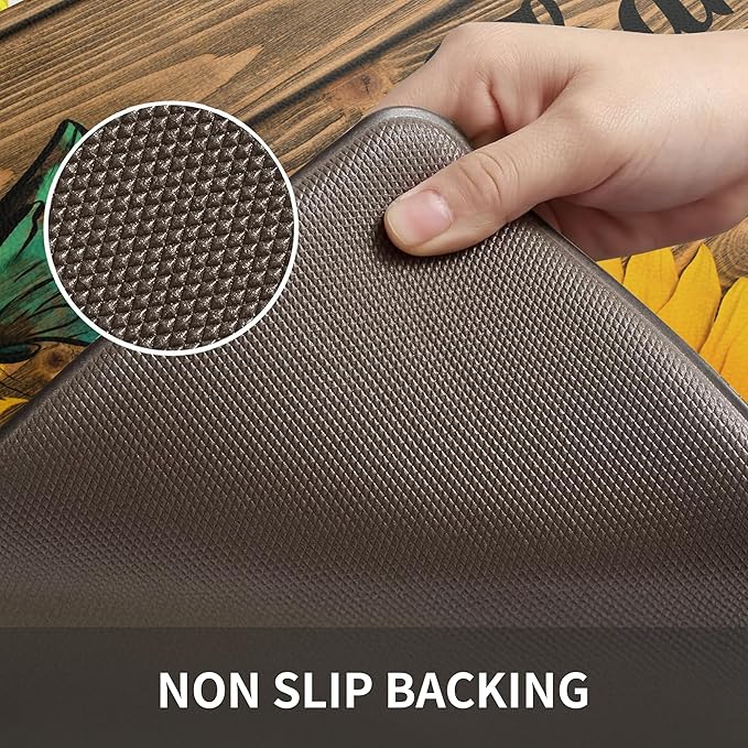 MAYHMYO Sunflower Kitchen Mat Set of 2 - Anti Fatigue Mats for Kitchen Floor - Non Slip Cushioned Rugs for Standing (17.3"×29"+17.3"×47"-0.4") Wood Grain