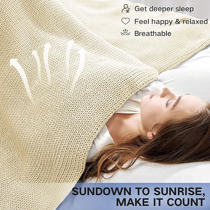 Guohaoi Knitted Weighted Blanket for Adults (Cream 48"x72" 12lbs) No Beads Cooling Throw Blanket for Hot Sleepers, Home Decor Breathable Chunky Knit Heavy Blanket Use on Full Size Bed