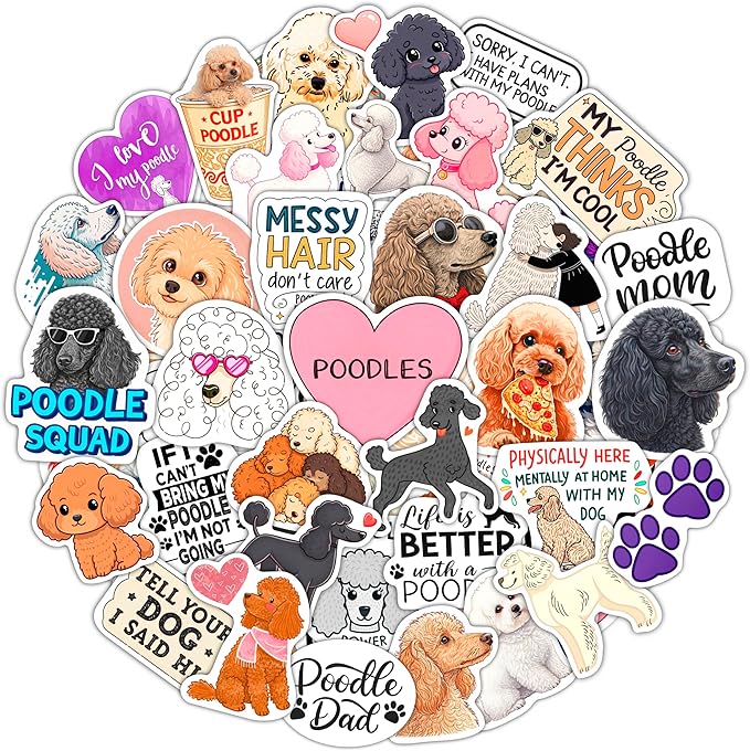 100Pcs Poodle Stickers for Water Bottle, Laptop - Poodle Gifts, Party Supplies & Decorations - Dog Stickers and Decals - Gift for Women & Men