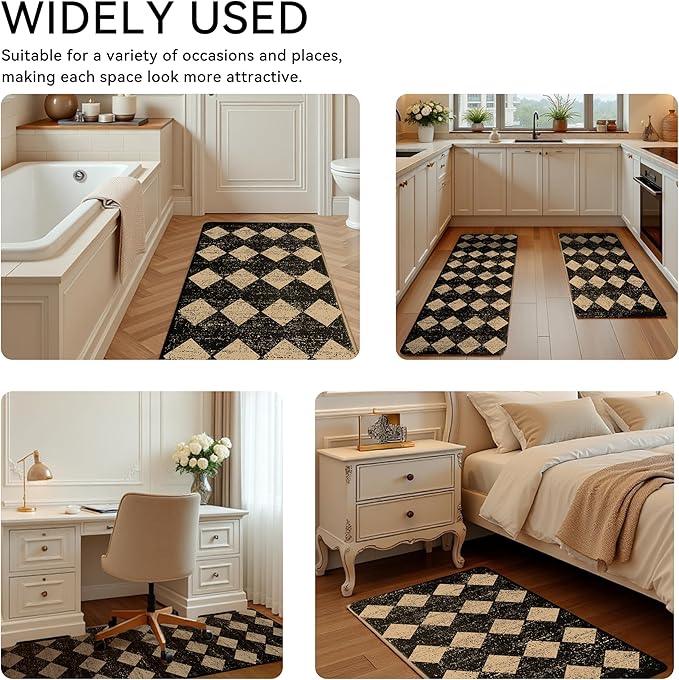 Black Brown Moroccan Trellis Checkered Kitchen Rug Sets [2 PCs], Anti-Fatigue, Waterproof Non-Slip Kitchen Mats Heavy Duty Ergonomic Comfort Foam Rug for Floor, Home, Laundry,17"x29"+17"x47"