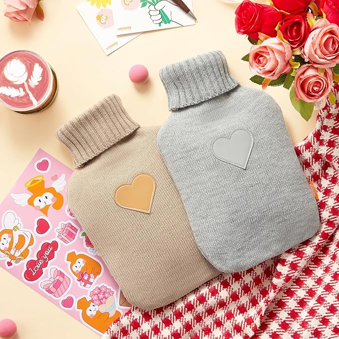 samply 2L Hot Water Bottle, 2 Packs Hot Water Bag with 2 Knitted Covers for Pain Relief, Birthday ldeas Gifts for Women, Daughter, Grandma, Sister, Wife (Grey&Khaki)