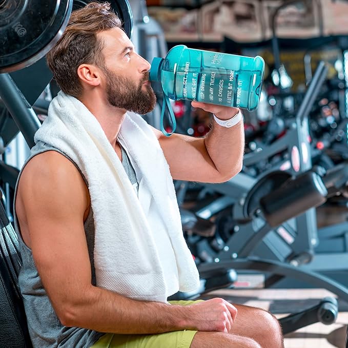 NatureWorks HydroMATE Half Gallon Water Bottle with Times to Drink BPA Free Leak Proof Reusable Jug with Handle 64 oz