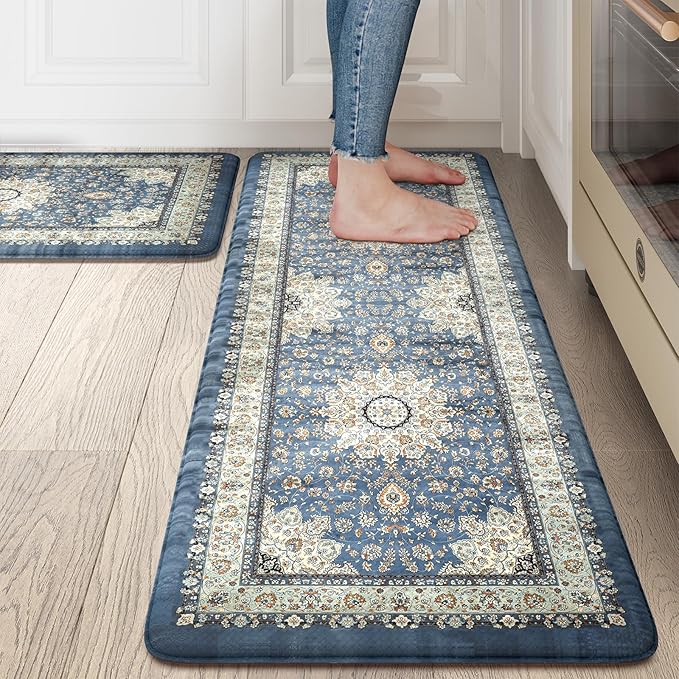 Collive Boho Kitchen Mat, Cushioned Anti Fatigue Kitchen Rug Set 2 Piece Non-Skid Waterproof Kitchen Mats for Floor, Comfort Heavy Duty Standing Mat for Kitchen, Laundry, Office, Desk