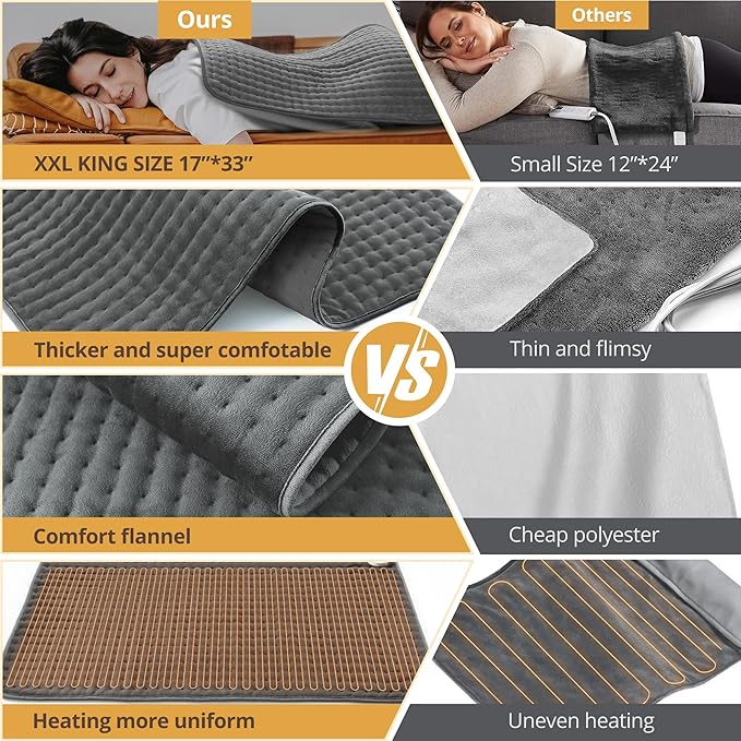 Heating Pad for Back Pain Relief, 17" X 33" XXX-Large Heating Pads for Cramps,Electric Heating Pad XL with 6 Fast Heating Settings,Moist Dry Heat Options,Auto-Off,Machine Washable, Light Gray