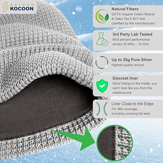 .E-M-F Beanie - Organic Cotton with EcoShield™ Bamboo Lyocell Fara-Day Silver Liner - Hat Cap Ideal for Everyday 5 G, B T, Smart Meter & Wi Fi environments - Grey