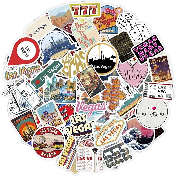 BulbaCraft 100Pcs Las Vegas Stickers for Water Bottle and Laptop - Las Vegas Party Supplies & Decorations, Waterproof Vinyl Decals, City and Casino Stickers, Gifts for Women & Men