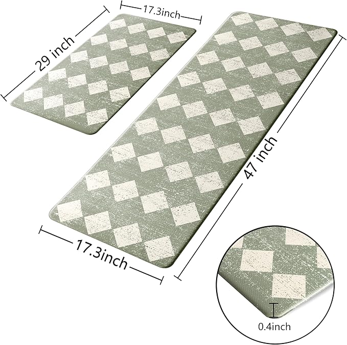 Sage Beige Moroccan Trellis Checkered Kitchen Rug Sets [2 PCs], Anti-Fatigue, Waterproof Non-Slip Kitchen Mats Heavy Duty Ergonomic Comfort Foam Rug for Floor, Home, Laundry,17"x29"+17"x47"