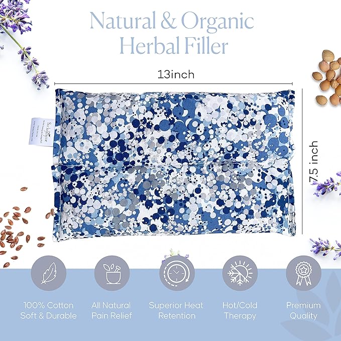 SacksyThyme Microwave Heating Pad for Pain Relief, Flaxseed & Cherry Pit Herbal Heating Pad, Hot Cold Therapy (Indigo)
