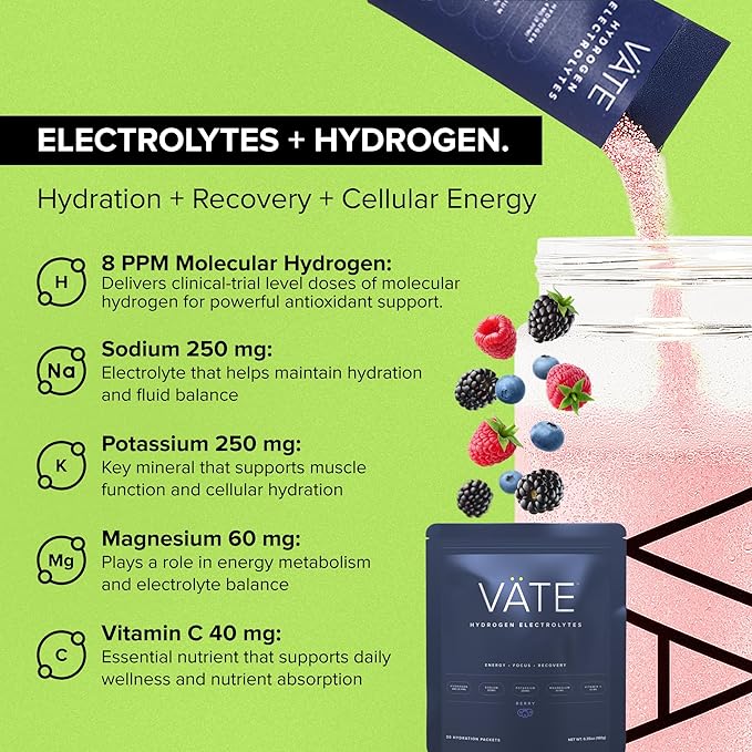 VATE Hydrogen Water + Electrolytes Powder Packets, 8 PPM Molecular Hydrogen + Electrolytes for Hydration, Focus & Recovery,Packets with Magnesium, Potassium, Vitamin C, 30 Count - Berry