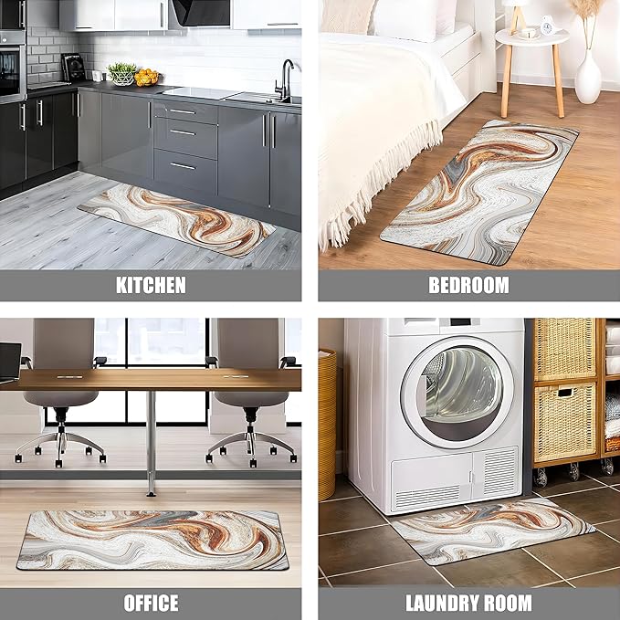 Kitchen Mats for Floor Anti Fatigue Floor Marble Cushioned Memory Foam Non Slip PVC Leather Padded Comfort Standing Rugs Set of 2, 17.3x28+17.3x59 Inch, 0.4 Inch Thick