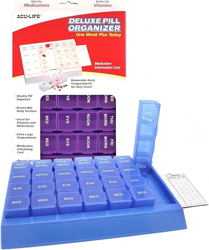 Acu-Life Weekly (7-Day) Pill Case, Medicine Planner, Vitamin Organizer, Pop-Out Compartments, 4 Times a Day, Easy to Use, Color May Vary, BPA Free