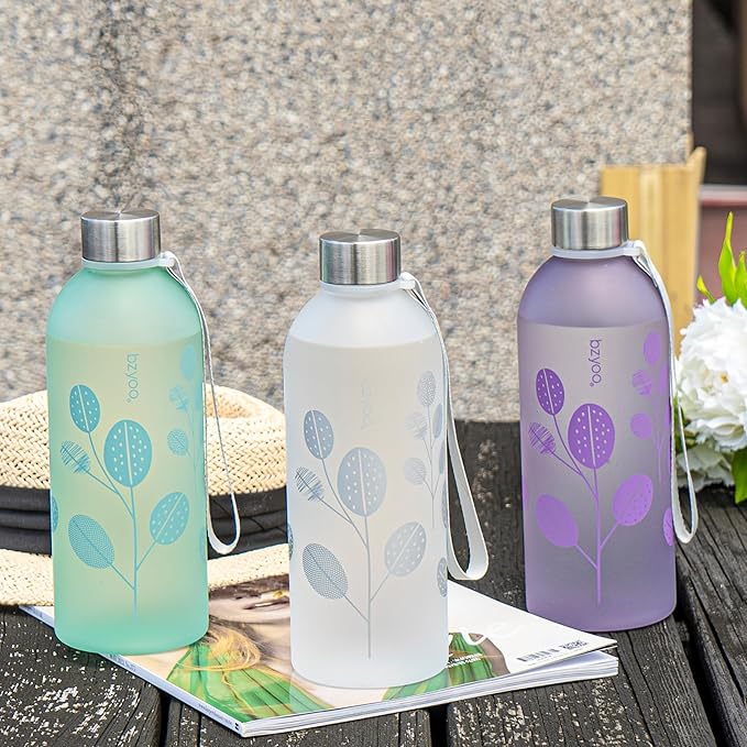 bzyoo 32oz 1 Liter Clear Water Bottle with Time Marker, Leaf Design, Durable Plastic, BPA-Free, Reusable with Measurement Markings for Fitness and Outdoor Activities (Color: Purple)