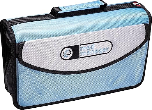 Med Manager Mini Medicine Organizer and Pill Case, Holds (10) Pill Bottles - (6) Standard Size and (4) Large Bottles, Light Blue, 12 inches x 6 inches x 3 inches