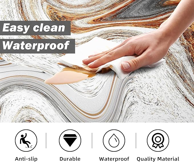 Kitchen Mats for Floor Anti Fatigue Floor Marble Cushioned Memory Foam Non Slip PVC Leather Padded Comfort Standing Rugs Set of 2, 17.3x28+17.3x59 Inch, 0.4 Inch Thick