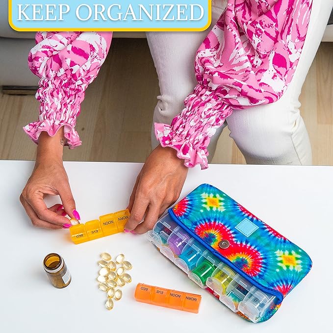 Made Easy Kit Pill Case Large 7-Day / 28 Compartments in Neoprene Carrier with Storage Pill Box in Daily in Morn, NOON, EVE, Bed a Weekly Vitamin, Medicine, Capsule Organization (Tie Dye)
