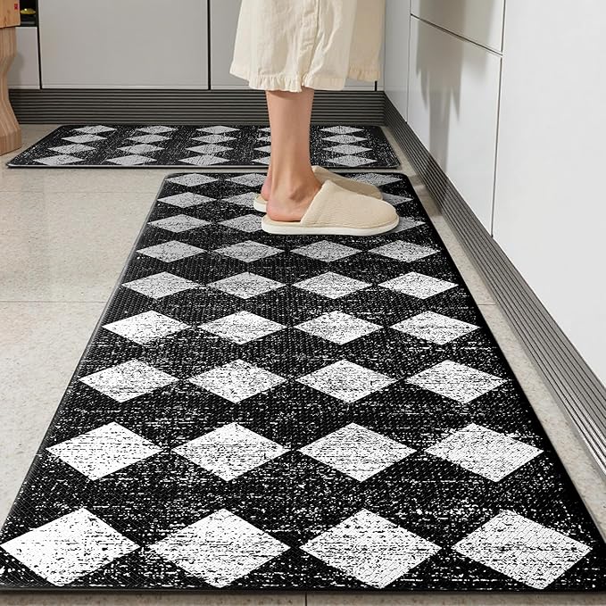 Black Moroccan Trellis Checkered Kitchen Rug Sets [2 PCs], Anti-Fatigue, Waterproof Non-Slip Kitchen Mats Heavy Duty Ergonomic Comfort Foam Rug for Floor, Home, Laundry,17"x29"+17"x47"