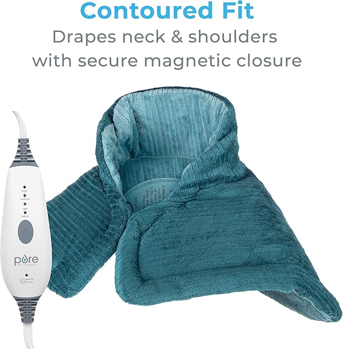 Pure Enrichment PureRelief Neck & Shoulder Heating Pad - 4 Heat Settings, Auto Shut-Off, Universal Fit, Magnet Closure, Soft Micromink, Storage Bag, 5-Year Warranty, Machine Wash (Turquoise Blue)