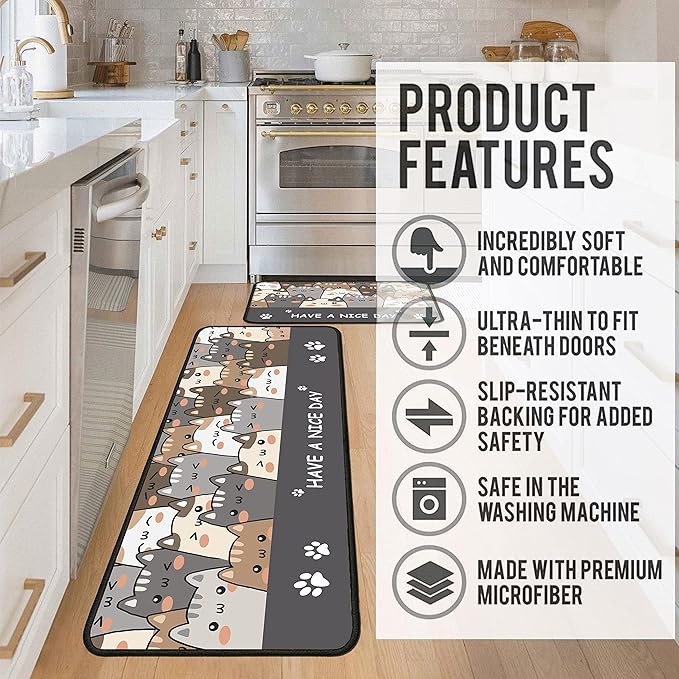 Cat Kitchen Rugs 2 Piece Set for Floor Mat, Non Skid Washable Absorbent Microfiber Cat Kitchen Mat for in Front of Sink for Standing for Home Cats Kitchen Decor 17"X30"+17"X47"