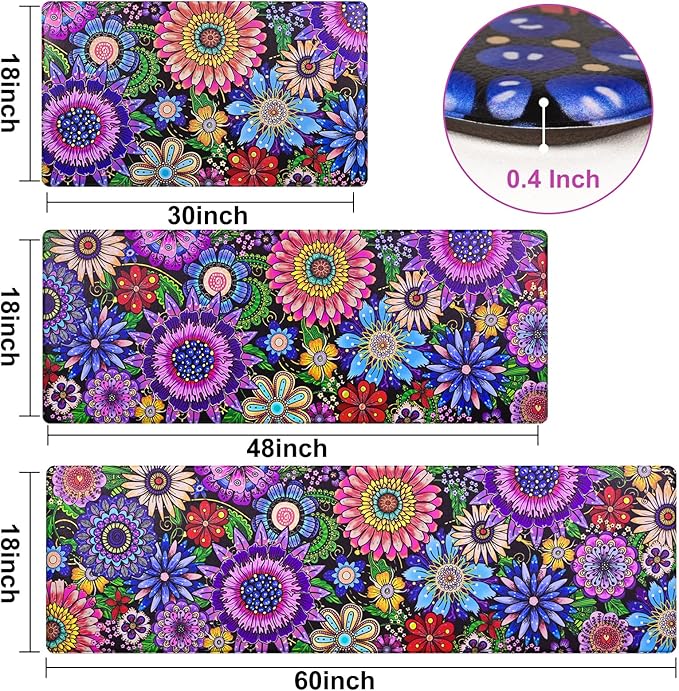 Likiyol Boho Kitchen Rugs, Boho Floral Anti Fatigue Kitchen Mat for Floor, Bohemian Flowers Non Slip Washable Kitchen Floor Mats, Comfort Standing Mat, 18''x30''+18''x48''+18''x60'', Floral
