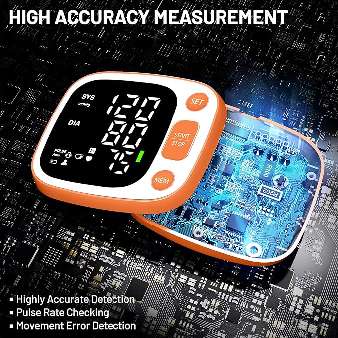 Oklar Blood Pressure Monitors for Home Use Rechargeable Wrist Digital BP Machine Cuff with LED Backlit Display, Voice Broadcast, 240 Memory Storage for 2 Users with Carrying Case, Orange