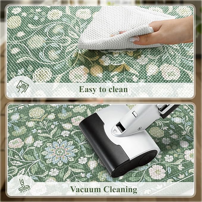 KIMODE Comfort Kitchen Mats for Floor Cushioned Anti Fatigue,Farmhouse Floral Spring Kitchen Rugs Sets of 2 Non Slip,Memory Foam Standing Carpet for Laundry Sink Office,Green