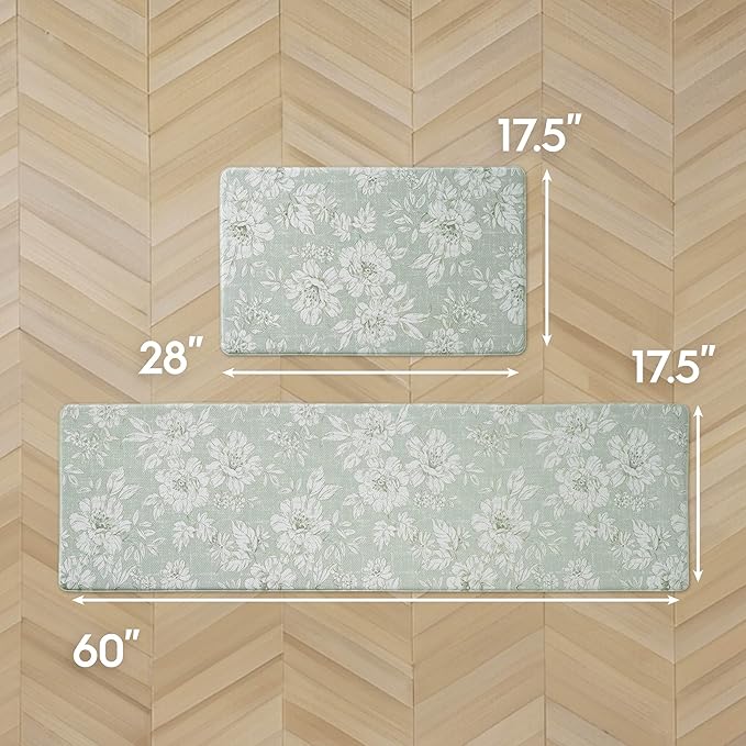Laura Ashley - Anti-Fatigue Kitchen Mat, Iris Floral Design, Stain, Water & Fade Resistant, Cooking & Standing Relief, Non-Slip Backing, 2 Piece Set: 17.5" x 60" / 17.5" x 28" Sage Green Iris