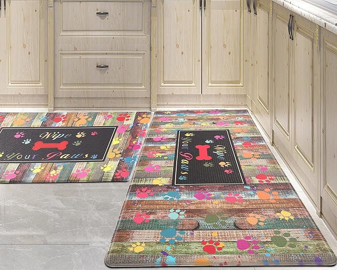 Kitchen Anti Fatigue Mat Set of 2,Waterproof Non-Skid Cushioned Kitchen Floor Mat Comfort Standing Mat for Home, Office, Sink, Laundry, Colorful Paws (Black/Green)
