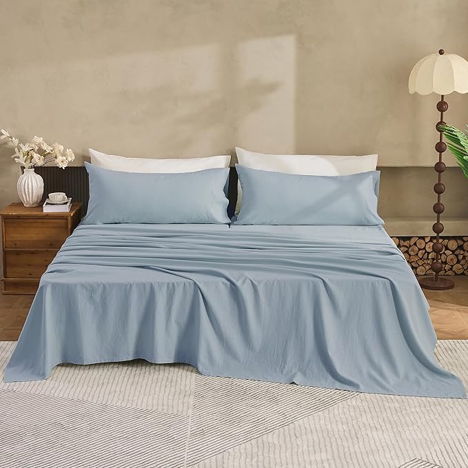 Simple&Opulence Belgian Linen Sheet Set Solid Color - 5 Pieces (1 Flat Sheet, 2 Fitted Sheets & 2 Pillowcases) Natural Flax Cotton Blend Soft Breathable Farmhouse Bedding - Split King Size, Dusty Blue