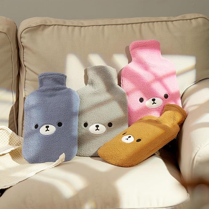 samply Hot Water Bottle with Cute Fleece Cover, Hot Water Bag for Hot and Cold Compress, Hand Feet Warmer, Neck and Shoulder Pain Relief, Grey Bear