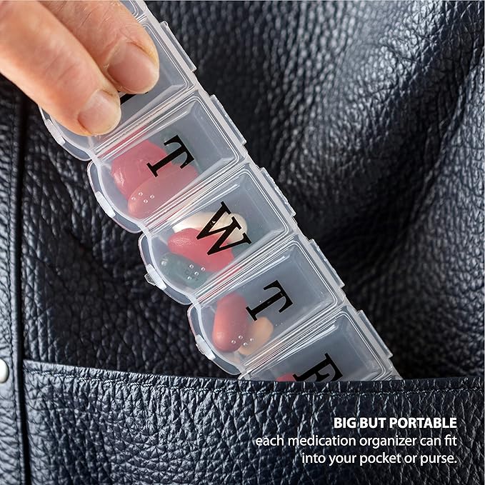 Deke Home - Weekly Pill Organizer, 7 Day Pill Box with Large Compartments & Snap-Shut Lids, Easy Open, BPA Free Plastic Medicine Organizer for Pills, Vitamins & Supplements, Travel Friendly