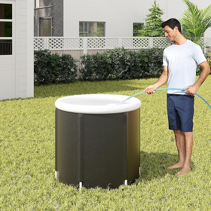 Goplus Inflatable Ice Bath Tub, Portable Cold Water Therapy Tub w/Cover, 6 Sturdy Support Rods, Inflator, Outdoor Freestanding Soaking Tub Ice Plunge Pool for Adults Athletes Muscle Recovery