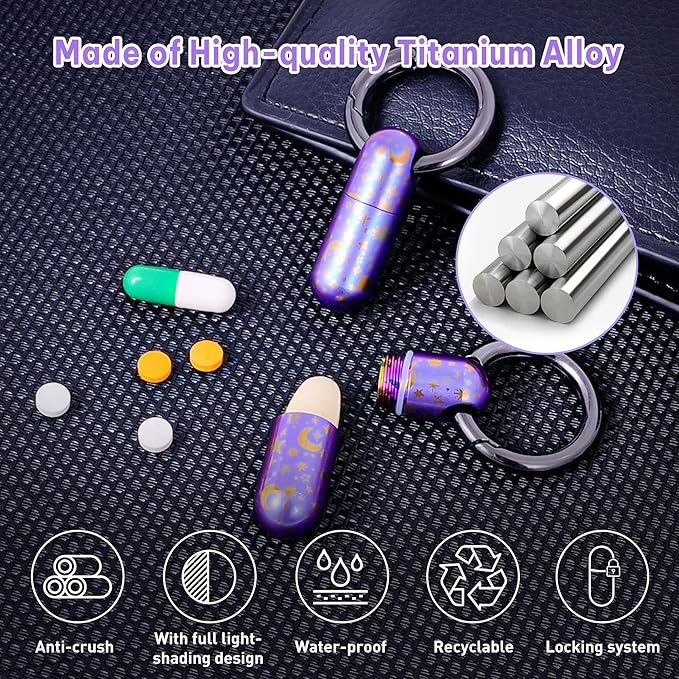 Titanium Keychain Pill Holder,Waterproof Mini Pill Case,Portable Small Pill Container for Travel,Purse,Pocket(Strary Sky)