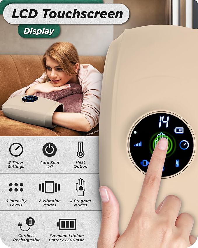 Lunix LX7 FSA Carpal Tunnel & Wrist Pain Relief Device, Heated Air Compression Hand Massager for Arthritis, Mothers Day Gifts for Women & Mom, Touchscreen, Sand Beige