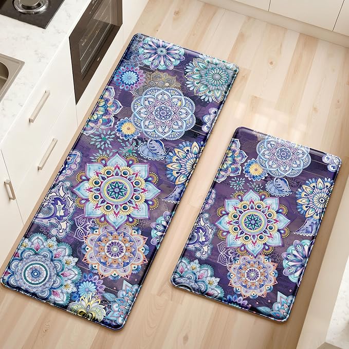 Boho Purple Floral Kitchen Rugs Mats for Floor 2 Piece Memory Foam Padded Kitchen Mats Anti Fatigue Non Slip Cushioned Comfort Standing Mat, 17.3x28+17.3x47 Inch