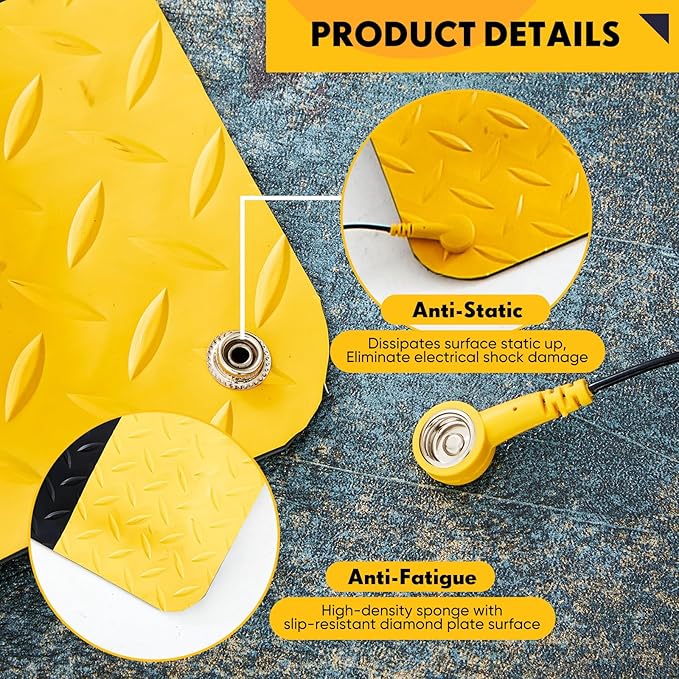 1 Pcs 3'x12' Anti Fatigue Mat Industrial, ESD Conductive Pad with Ground Wire, Heavy Duty Ergonomic Standing Floor Mat for Commercial Work, Shop Stand, Thick 3/4" Black with Yellow Border