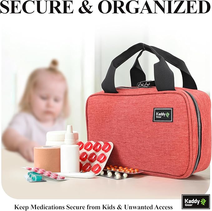 Kaddy Secure Pill Organizer Box, Storage for Bottles of Medicine or Supplements; Toiletry; Travel or Home, TSA Approved Lock (Red)
