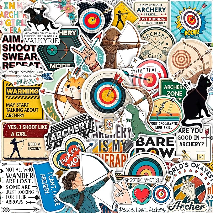 100Pcs Archery Stickers and Decals for Bow Case, Arrow Stickers - Archery Party Supplies- Bow Hunting Decals - Gift for Women & Men