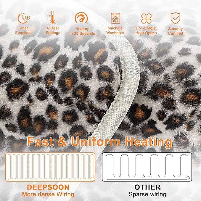 Deepsoon Heating Pad,Electric Heating Pads for Back,Neck,Abdomen,Moist Heating Pad for Shoulder,Knee,Arms,Legs,Dry/Moist Heat & Auto Shut Off,Christmas Gifts for Men and Women,Leopard Print,33x17 Inch