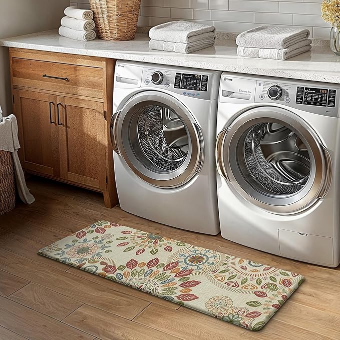 GENIMO Kitchen Mats for Floor 2PCS, Cushioned Kitchen Rugs Non Slip Washable, Farmhouse Anti Fatigue Mat Waterproof, Comfort Standing Mat Rug for Office, Home, Laundry, 17.3"x47"+17.3"x30", Beige&Red