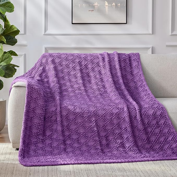Knitted Weighted Blanket for Adult, Chunky Knit Weighted Throw for Sleep 50"*60" 7lbs, Cooling Breathable Heavy Blanket for Hot Sleepers, Machine Washable Blanket for Room Decor(Purple)