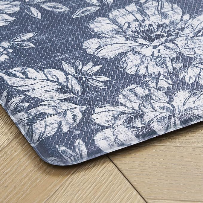 Laura Ashley - Anti-Fatigue Kitchen Mat, Iris Floral Design, Stain, Water & Fade Resistant, Cooking & Standing Relief, Non-Slip Backing, Measures 17.5" x 48", Navy Iris