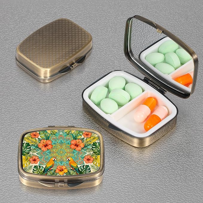 Dynippy Pill Case Pill Box with Mirror Retro Pocket 2 Compartment Medicine Case Vitamin Pill Organizer for Pocket Purse and Travel (A-Vibrant Tropical Florals)